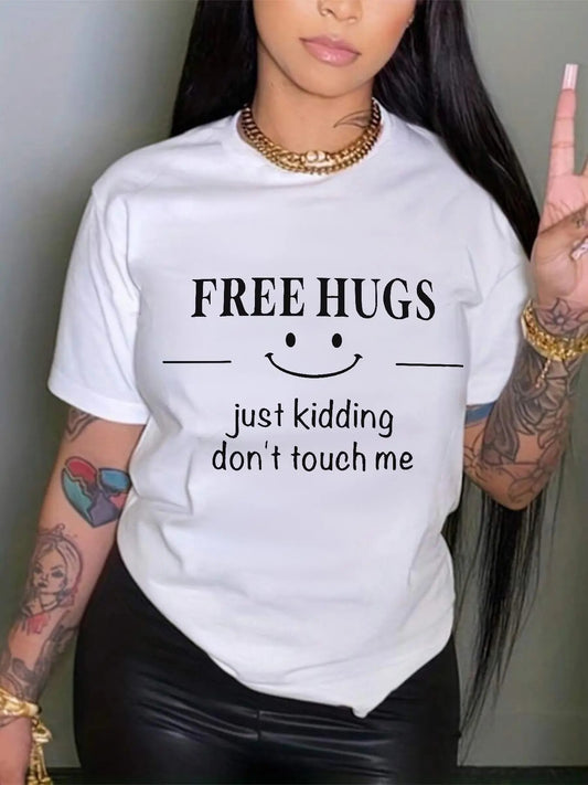 Women's Letter & Smile Face Print Round Neck Tee, Trendy Casual Short Sleeve T-Shirt for Daily Wear, Ladies Summer Outfit