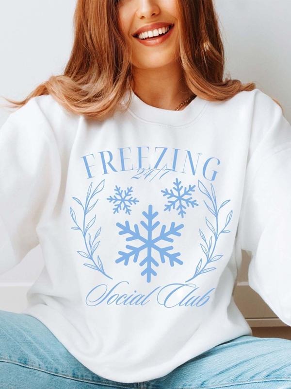Women's Letter & Snowflake Print Crew Neck Sweatshirt, Trendy Casual Long Sleeve Pullover for Daily Wear, Ladies Spring & Fall Clothes