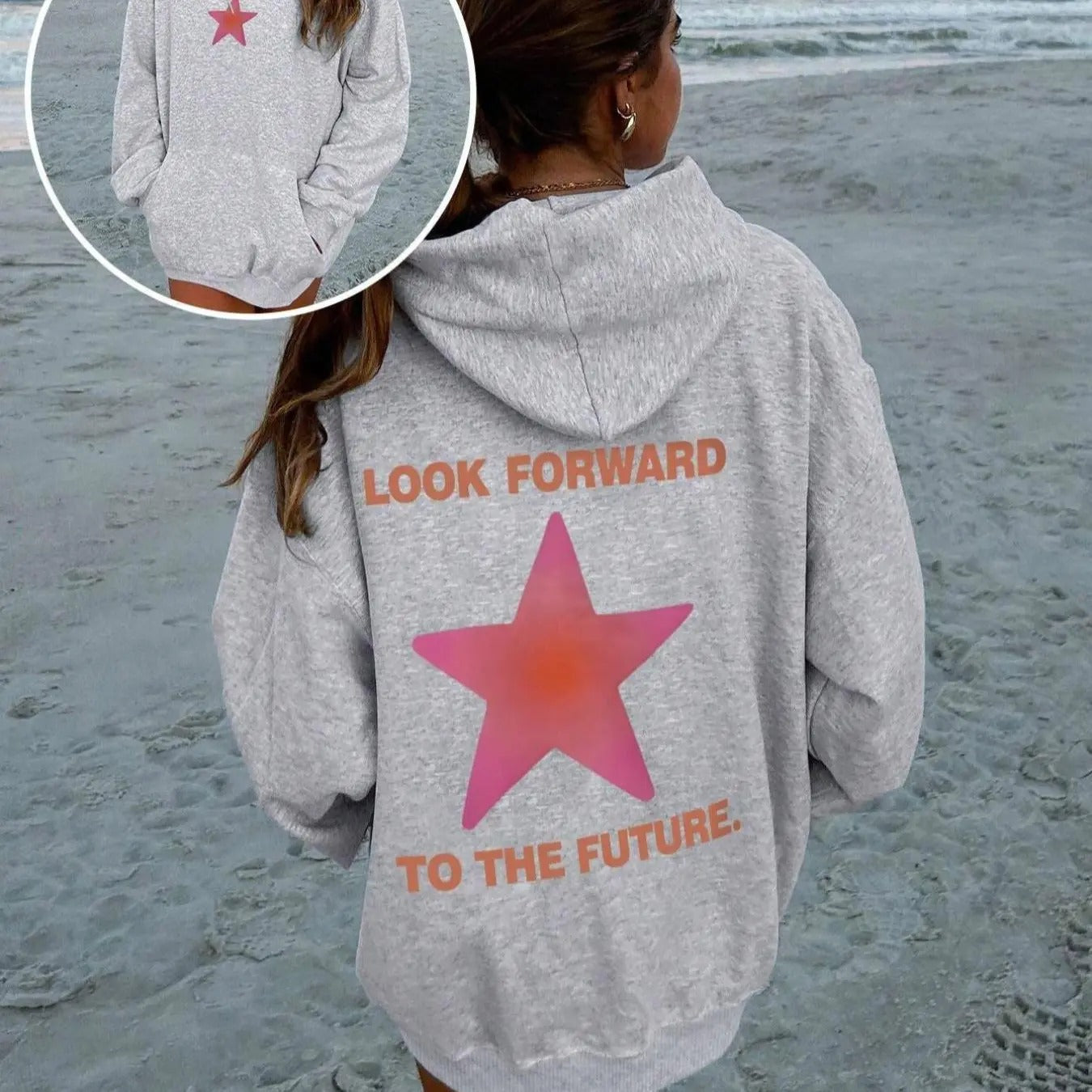 Women's Letter & Star Print Drop Shoulder Hoodie, Fashion Casual Drawstring Pocket Hooded Sweatshirt for Daily Holiday...