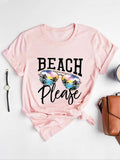 Women's Letter & Sunglasses Print Round Neck Tee, Fashion Trendy Casual Crew Neck Short Sleeve T-Shirt for Vacation Holiday Daily Wear, Ladies All Seasons Outfit