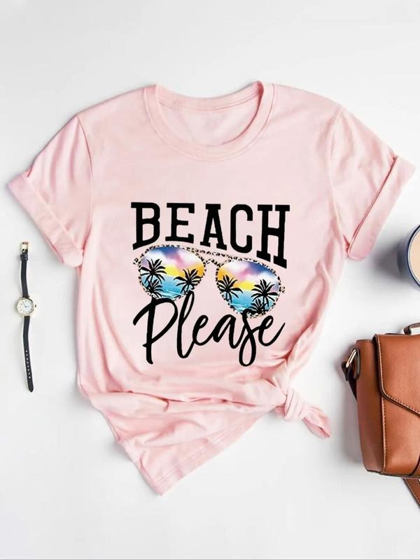 Women's Letter & Sunglasses Print Round Neck Tee, Fashion Trendy Casual Crew Neck Short Sleeve T-Shirt for Vacation Holiday Daily Wear, Ladies All Seasons Outfit