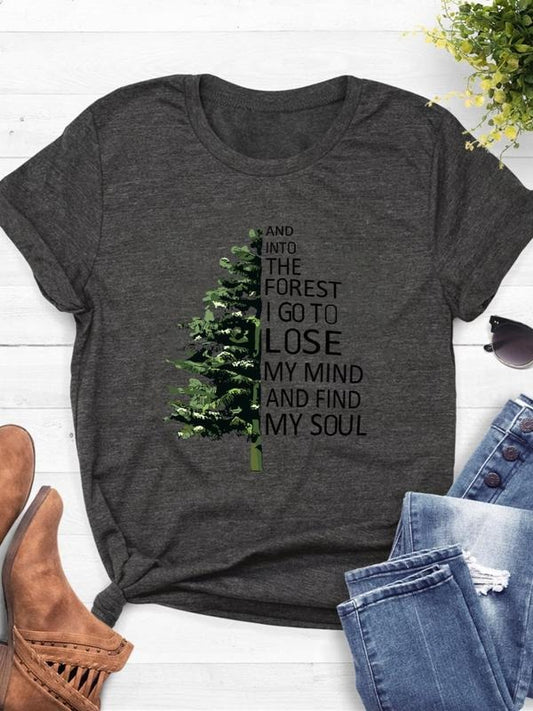 Women's Letter & Tree Print Round Neck Graphic Tee, Vintage Trendy Casual Short Sleeve T-shirt For Daily Wear, Ladies Summer Outfit