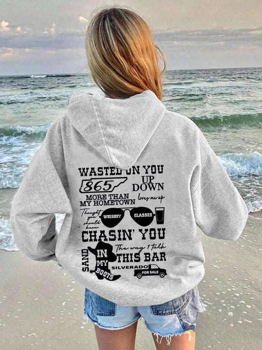 Women's Letter Graphic Print Drawstring Pocket Hoodie, Casual Drop Shoulder Long Sleeve Hooded Sweatshirt, Lady Fall & Winter Clothes for Daily Wear