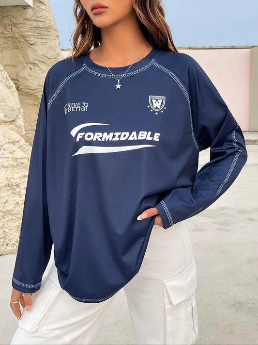 Women's Letter Graphic Print Raglan Sleeve Sweatshirt, Casual Long Sleeve Round Neck Pullover for Spring & Fall, Ladies Clothes for Daily Wear