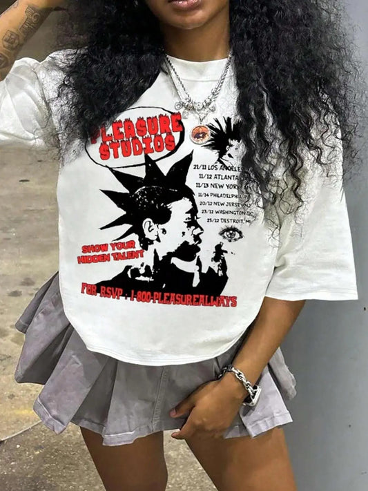 Women's Letter Graphic Print Round Neck Crop Tee, Fashion Casual Drop Shoulder Half Sleeve T-shirt for Daily Wear, Ladies Summer Clothes