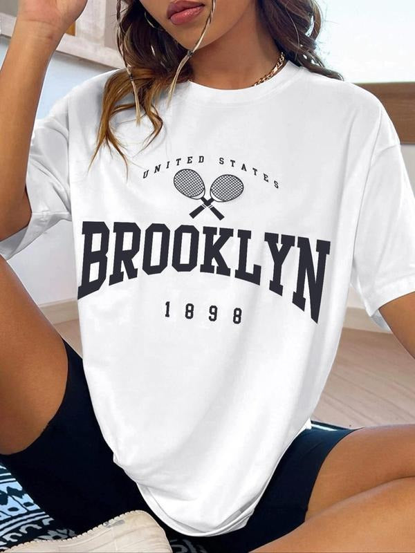 Women's Letter Graphic Print Round Neck Tee, Fashion Casual Drop Shoulder Short Sleeve T-shirt, Ladies Summer Clothes for...