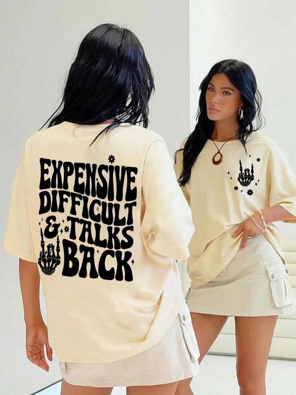 Women's Letter Print Drop Shoulder Tee, Casual Half Sleeve Round Neck T-Shirt for Summer, Fashion Women's Top for Daily...
