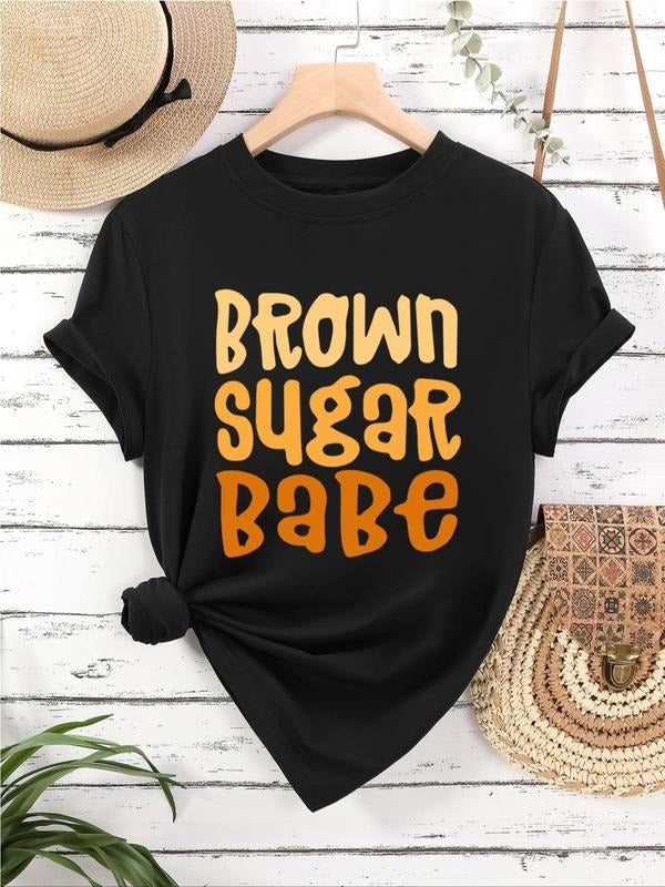 Women's Letter Print Round Neck Graphic Tee, Trendy Casual Short Sleeve T-shirt For Daily Wear, Ladies Streetwear Clothes...