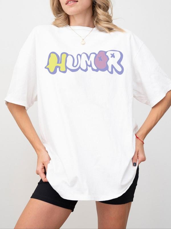 Women's Letter Print Round Neck Graphic Tee, Vintage Trendy Casual Drop Shoulder Half Sleeve T-shirt For Daily Wear,...