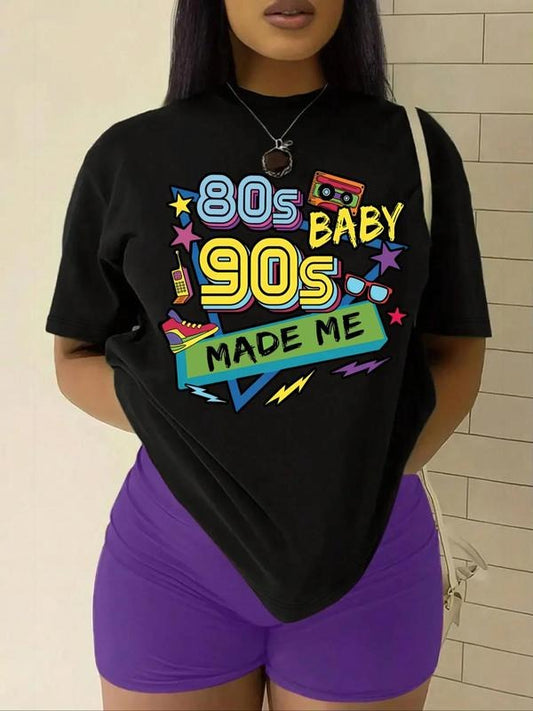 Women's Letter Print Round Neck Graphic Tee, Vintage Trendy Casual Drop Shoulder Short Sleeve T-shirt For Daily Wear, Ladies All Seasons Outfit