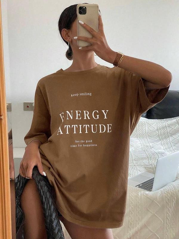 Women's Letter Print Round Neck Tee, Casual Short Sleeve Crew Neck T-shirt for Daily Wear, Ladies Clothes for All...