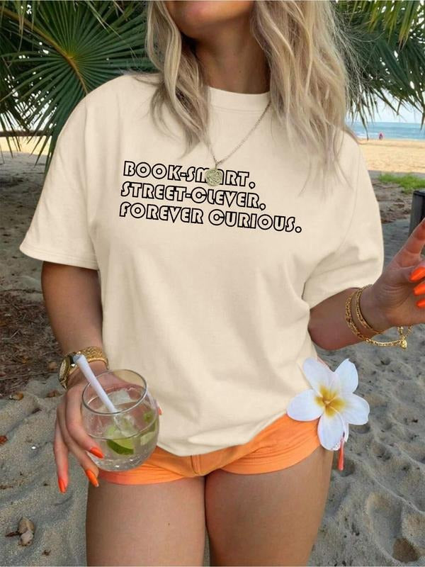 Women's Letter Print Round Neck Tee, Fashion Casual Crew Neck T-Shirt for Daily Holiday Vacation Outdoor Wear, Ladies...