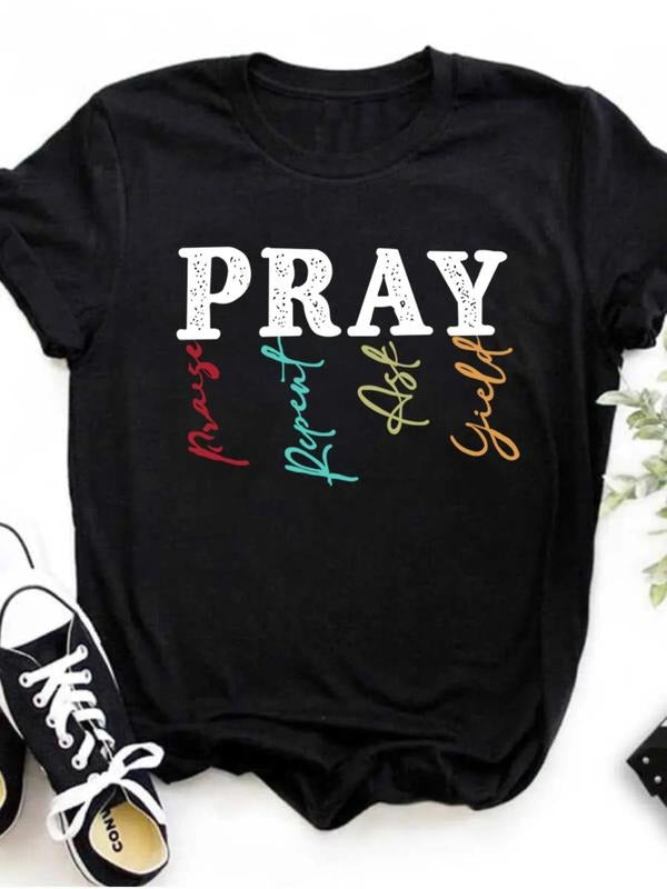 Women's Letter Print Round Neck Tee, Fashion Casual Short Sleeve T-shirt for Daily Wear, Ladies Summer...