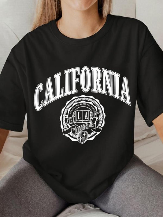 Women's Letter Print Round Neck Tee, Trendy Casual Drop Shoulder Short Sleeve T-shirt for Daily Wear, Ladies All Seasons Outfit