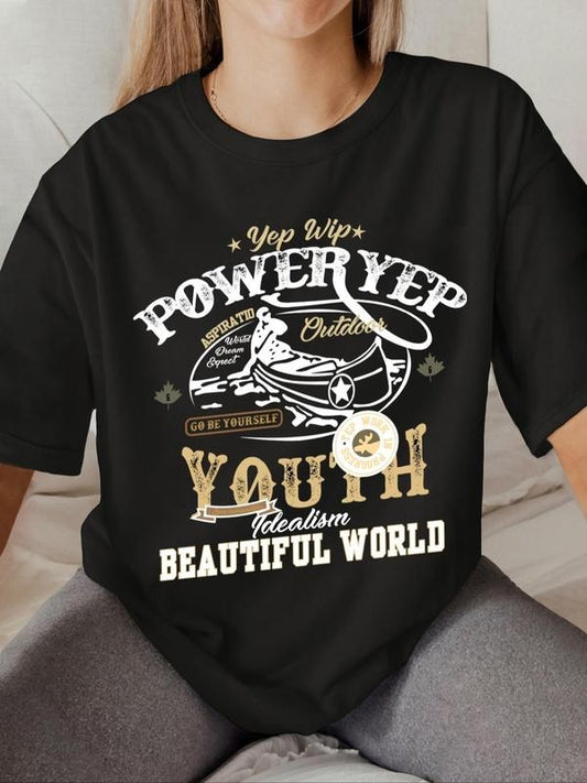 Women's Letter Print Round Neck Tee, Vintage Trendy Casual Drop Shoulder Half Sleeve T-shirt For Daily Wear, Ladies All Seasons Outfit