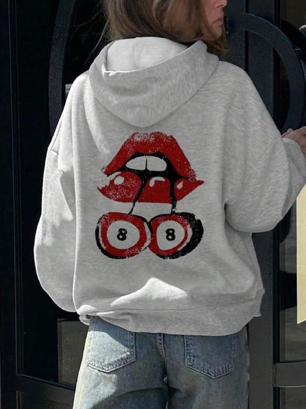 Women's Lip & Cherry & Number Print Drop Shoulder Hoodie, Fashion Casual Drawstring Pocket Hooded Sweatshirt for Daily Holiday Outdoor Wear, Women Clothing for Fall & Winter