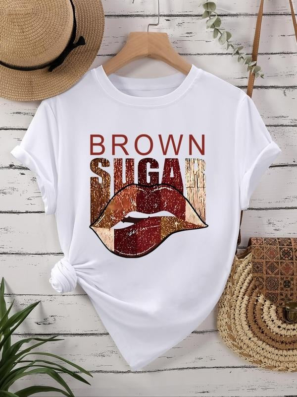 Women's Lip & Letter Print Round Neck Tee, Trendy Casual Short Sleeve Crew Neck T-shirt for Daily Wear, Ladies Clothes for All Seasons