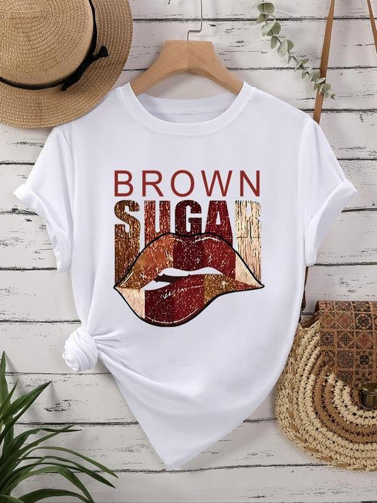 Women's Lip & Letter Print Round Neck Tee, Trendy Casual Short Sleeve Crew Neck T-shirt for Daily Wear, Ladies Clothes for All Seasons