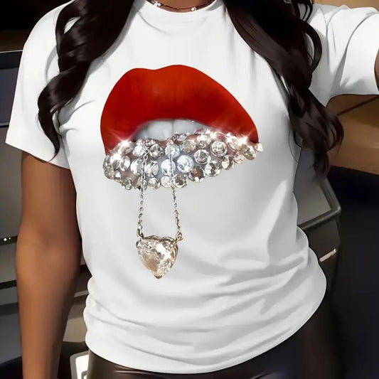 Women's Lip & Rhinestones Print Round Neck Tee, Trendy Casual Short Sleeve T-Shirt for Daily Wear, Ladies All Seasons Tops