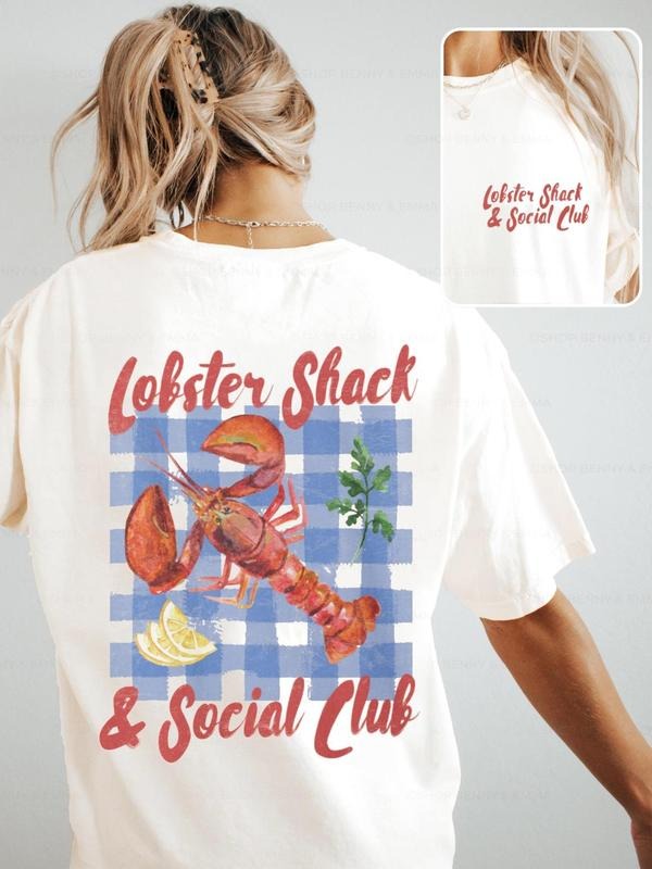 Women's Lobster & Letter Print Round Neck Graphic Tee, Vintage Trendy Casual Short Sleeve T-shirt for Daily Wear, Ladies Summer Outfit, Top