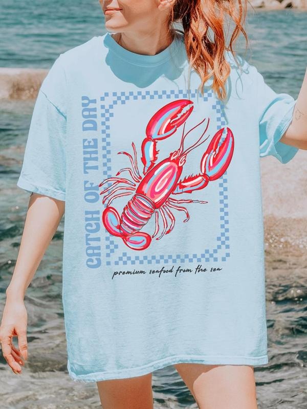Women's Lobster Print Round Neck Tee, Casual Short Sleeve Crew Neck T-shirt for Summer, Fashion Women's Top for Daily...