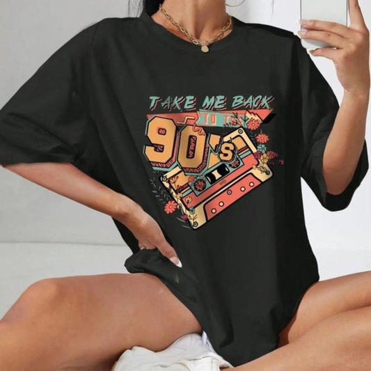 Women's Magnetic Tape & Letter Print Round Neck Tee, T Shirts for Women, Vintage Drop Shoulder Half Sleeve T-shirt, T Shirts for Women, Summer Clothes Women, Graphic Tees, tshirt hot trend 2025
