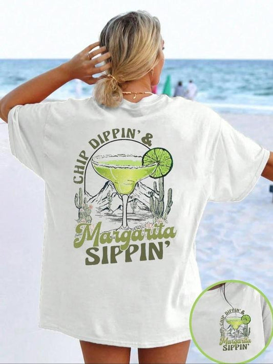 Women's Margarita & Cactus Print Round Neck Tee, Casual Letter Graphic Short Sleeve T-shirt for Summer, Ladies Clothes for Daily Wear, Top