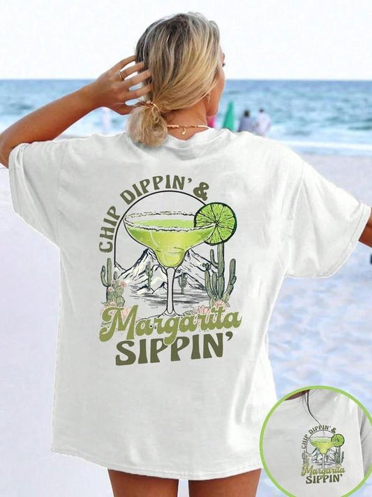 Women's Margarita & Letter Print Round Neck Tee, Casual Trendy T-shirt for Daily Wear, Ladies Summer, Top