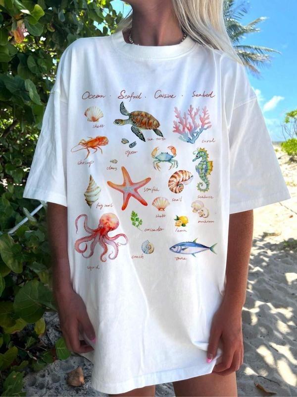 Women's Marine Life Print Round Neck Tee, Casual Short Sleeve T-shirt for Summer, Ladies Clothes for Beach Vacation, Top...