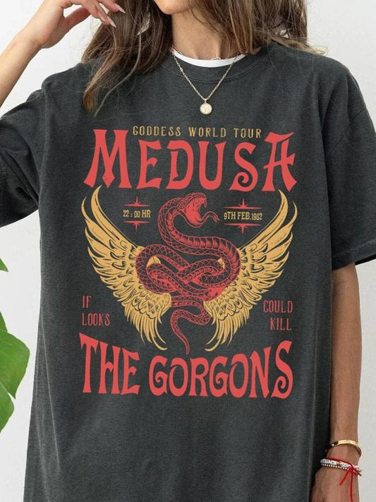 Women's Medusa & Figure Print Round Neck Tee, Fashion Casual Short Sleeve T-shirt for Daily Wear, Ladies Summer Clothes
