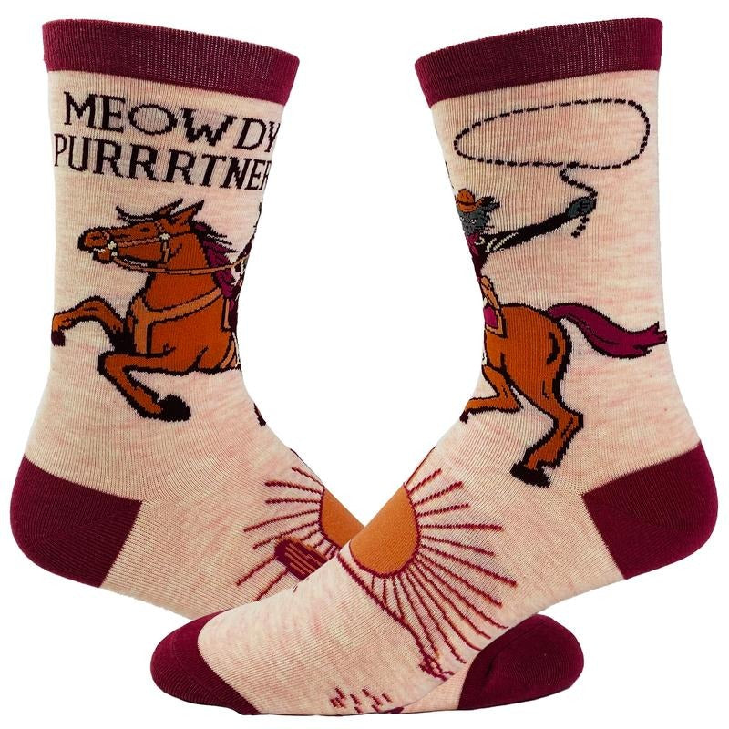 Women's Meowdy Purrtner Socks Funny Howdy Partner Cowboy Cat Novelty Footwear Funny Graphic Socks Comfortable Fitted Spandex Cotton
