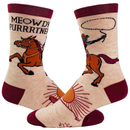 Women's Meowdy Purrtner Socks Funny Howdy Partner Cowboy Cat Novelty Footwear Funny Graphic Socks Comfortable Fitted Spandex Cotton