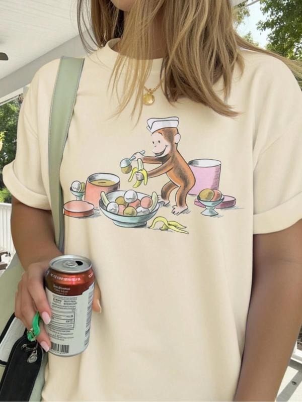 Women's Monkey & Banana Print Round Neck Graphic Tee, Vintage Trendy Casual Short Sleeve T-shirt for Daily Wear, Ladies Summer Outfit, Top
