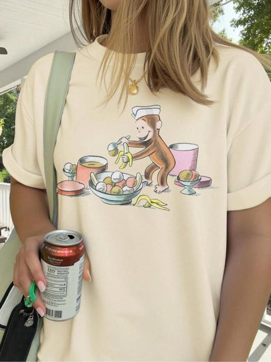 Women's Monkey & Banana Print Round Neck Graphic Tee, Vintage Trendy Casual Short Sleeve T-shirt for Daily Wear, Ladies Summer Outfit, Top