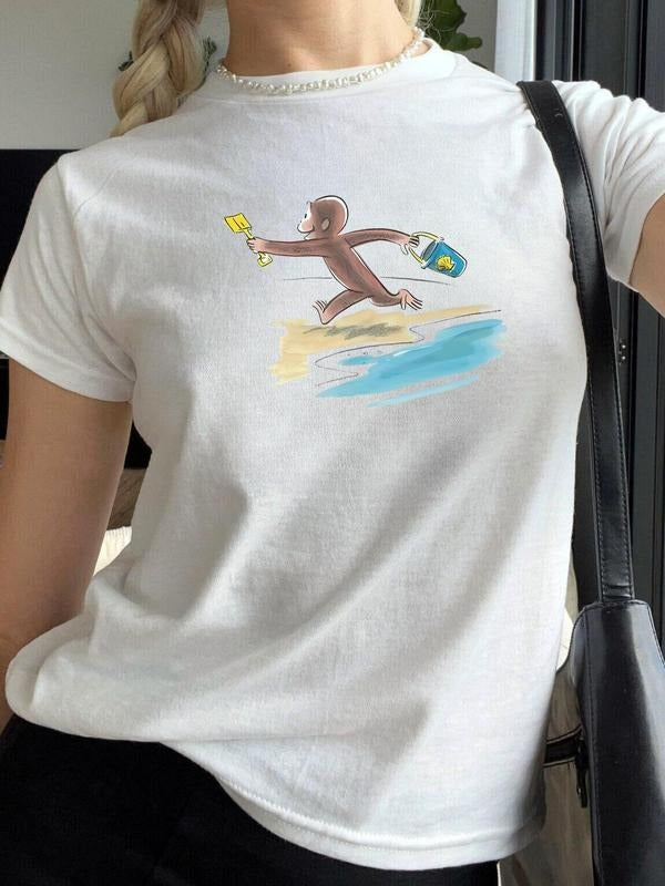 Women's Monkey Print Round Neck Tee, Casual Slim-fitting Short Sleeve T-shirt, Ladies Summer Clothes for Daily Wear...