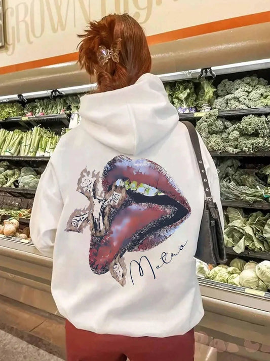 Women's Mouth Graphic Print Hoodie, Fashion Casual Drawstring Pocket Hooded Sweatshirt for Daily Holiday Outdoor Wear, Ladies Clothes for All Seasons