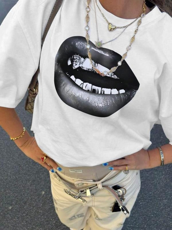 Women's Mouth Print Round Neck Tee, Fashion Casual Crew Neck T-Shirt for Daily Holiday Vacation Outdoor Wear, Ladies...