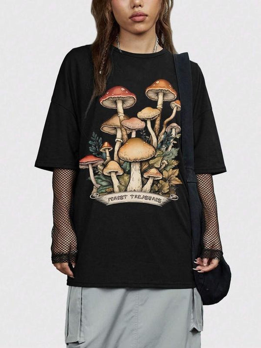 Women's Mushroom Print Round Neck Graphic Tee, Vintage Trendy Casual Short Sleeve T-shirt for Daily Wear, Ladies Summer Outfit, Top