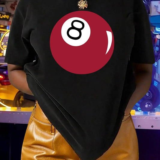 Women's Number "8" Ball Print Round Neck Tee, Fashion Casual Crew Neck Short Sleeve T-shirt for Daily Outdoor Wear, Women's Clothing for All Seasons