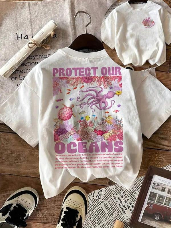 Women's Octopus & Letter Print Round Neck Graphic Tee, Vintage Trendy Casual Short Sleeve T-shirt for Daily Wear, Ladies Summer Outfit