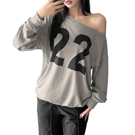 Women's Off-Shoulder Tops Trendy Number Print Asymmetrical Long Sleeves Shirts Summer Blouses Going out Streetwear