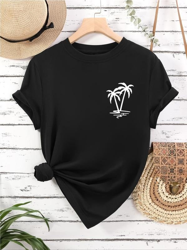 Women's Palm Tree Print Round Neck Tee, Fashion Casual Short Sleeve T-shirt for Daily Wear, Ladies Summer Clothes Hoodie,...