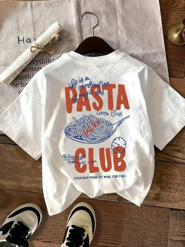 Women's Pasta & Letter Print Round Neck Tee, Trendy Casual Short Sleeve T-shirt for Daily Wear, Ladies Summer Outfit, Top