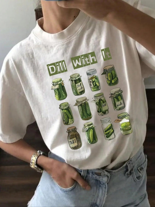 Women's Pickle Jar & Letter Print Round Neck Graphic Tee, Vintage Trendy Casual Drop Shoulder Short Sleeve T-shirt for Daily Wear, Ladies Summer Outfit