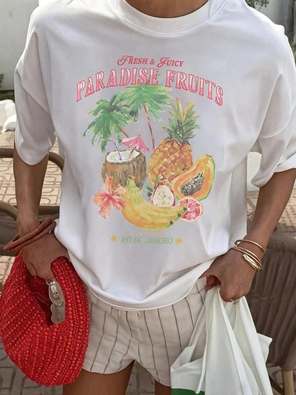 Women's Pineapple & Coconut Tree Print Round Neck Tee, Casual Short Sleeve Crew Neck T-shirt for Summer, Fashion Women's...