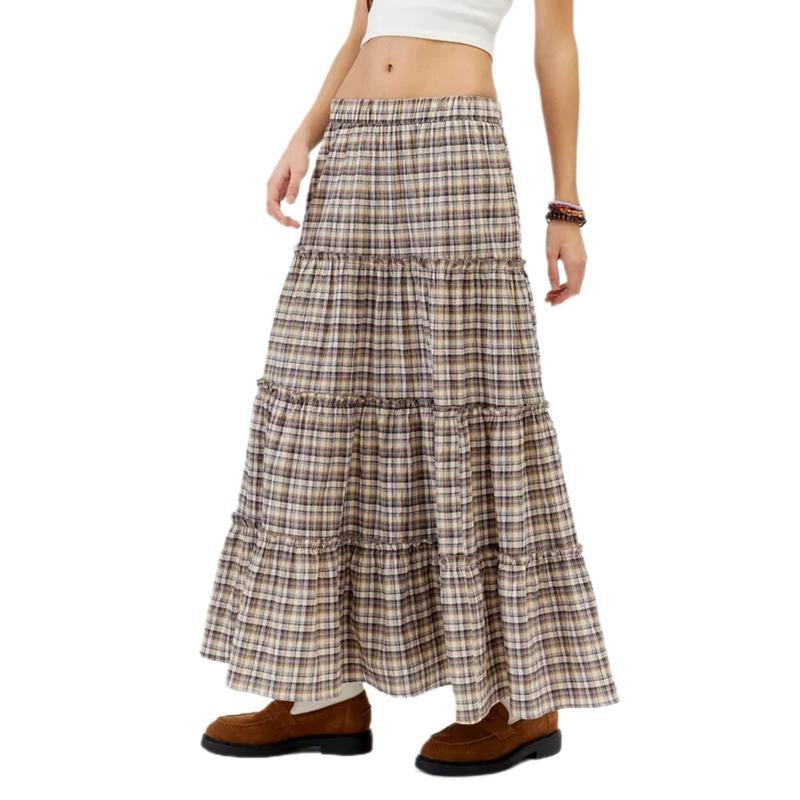 Women's Plaid Skirt Vintage Loose Fitting Elastic Waist Ruffled Tiered Long Skirt for Spring Summer Lady Womenswear