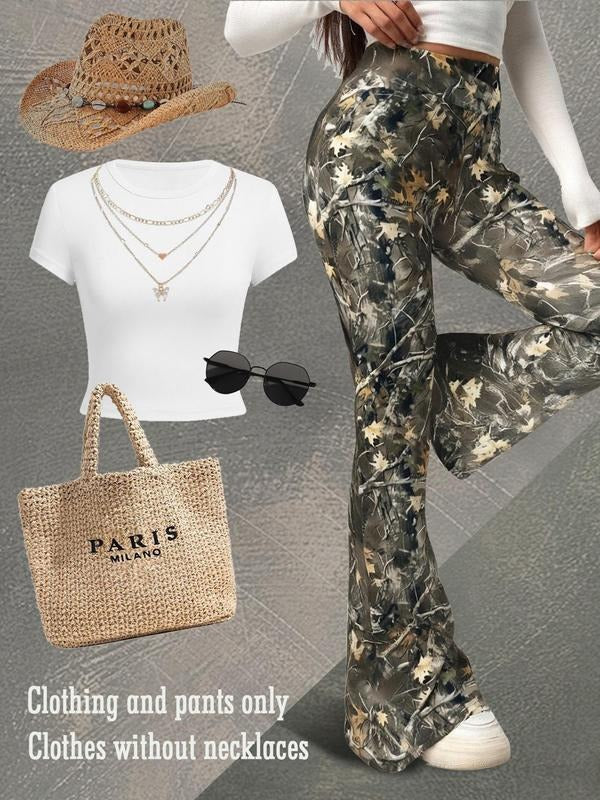 Women's Plain Crop Tee & All Over Print Flare Leg Pants Set, Casual Fashion Cozy Round Neck Short Sleeve T-shirt & Bell...