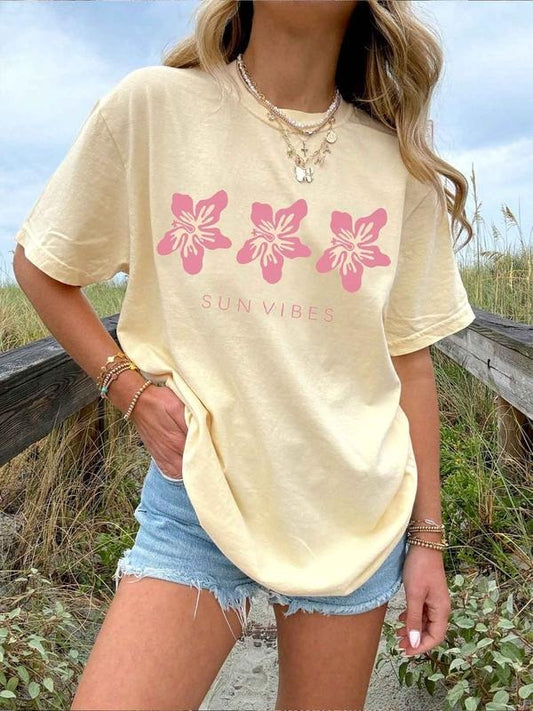 Women's Plain Floral Print Round Neck Graphic Tee, Vintage Trendy Casual Short Sleeve T-shirt for Daily Wear, Ladies Summer Outfit, Top