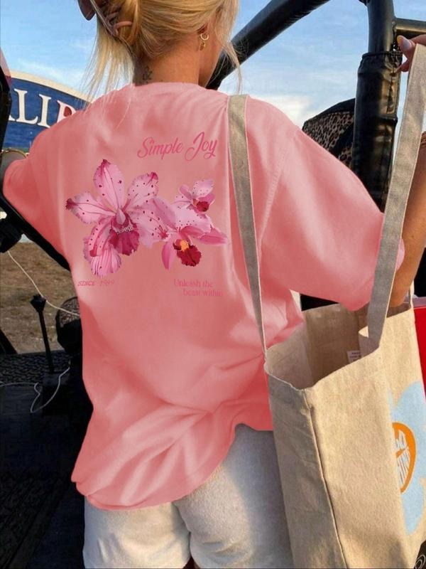 Women's Plain Round Neck Graphic Tee, Casual Figure & Floral Print Short Sleeve T-shirt for Summer, Ladies Clothes for Daily Wear, Top