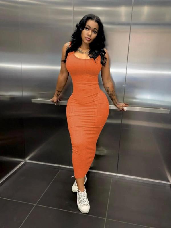 Women's Plain Scoop Neck Bodycon Dress, Casual Sleeveless Long Tank Dress for Summer, Ladies Clothes for Daily Wear...